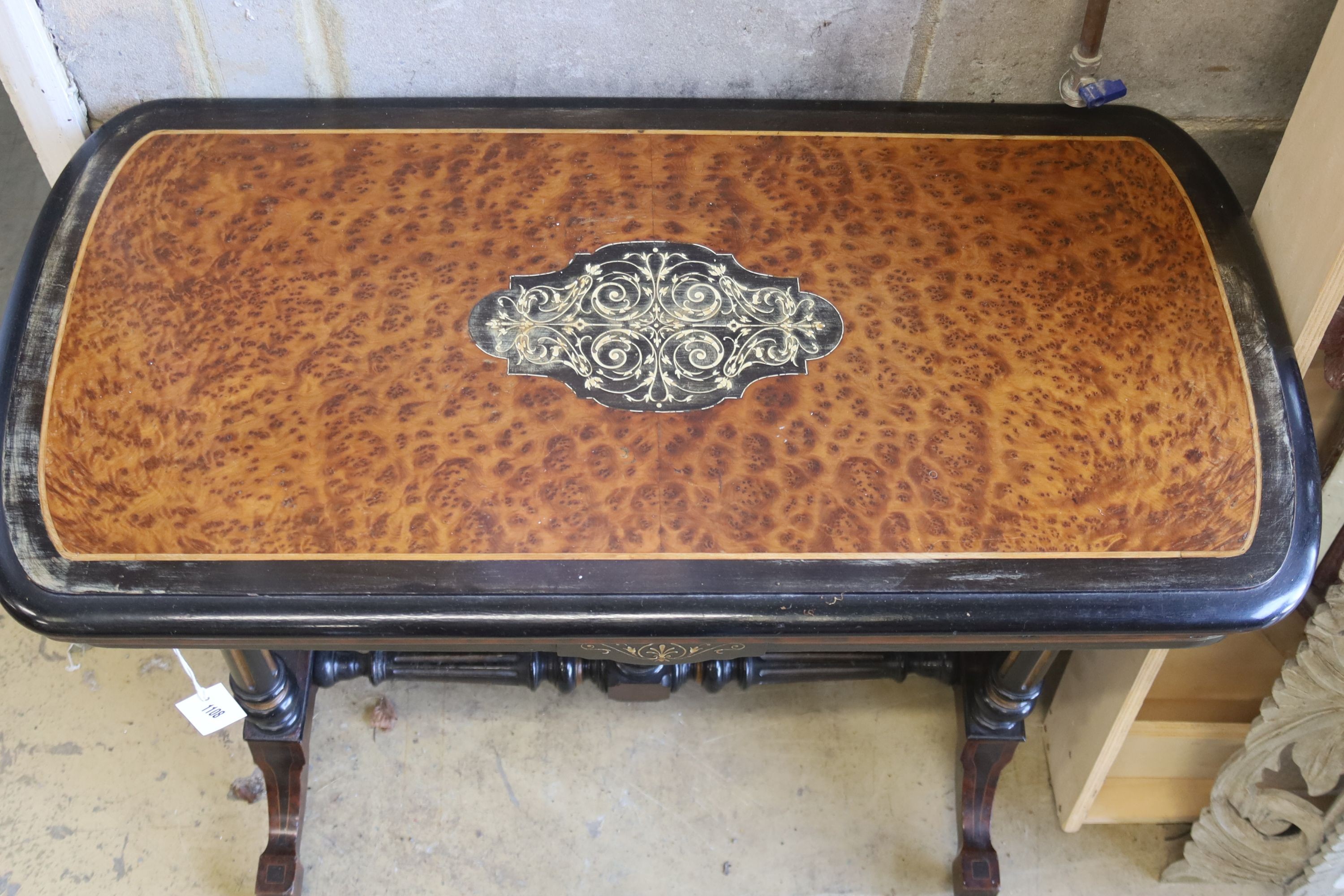 A Victorian inlaid part embonised Amboyna rectangular folding card table, width 90cm, depth 45cm, height 74cm